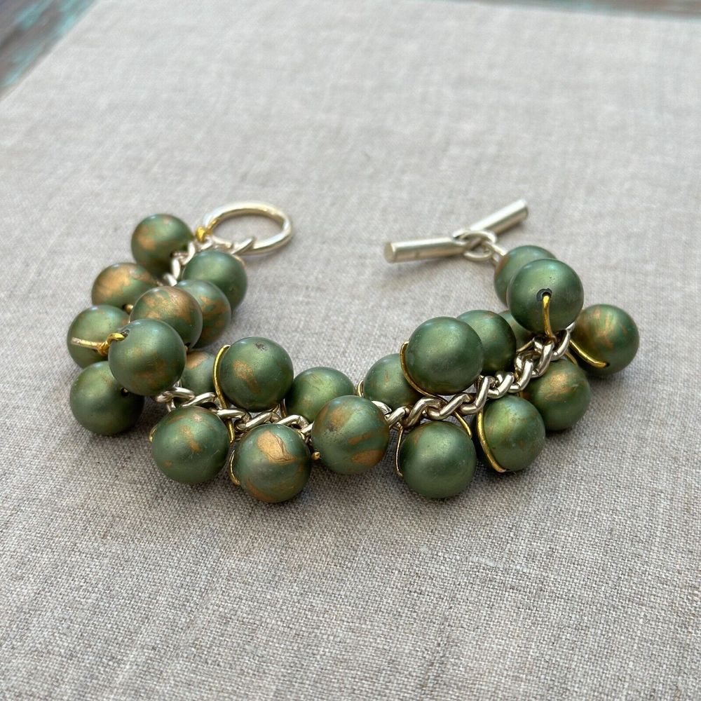 Green & Gold Painted Round Plastic Beads Gold Tone Metal Chain Bracelet 7.5"